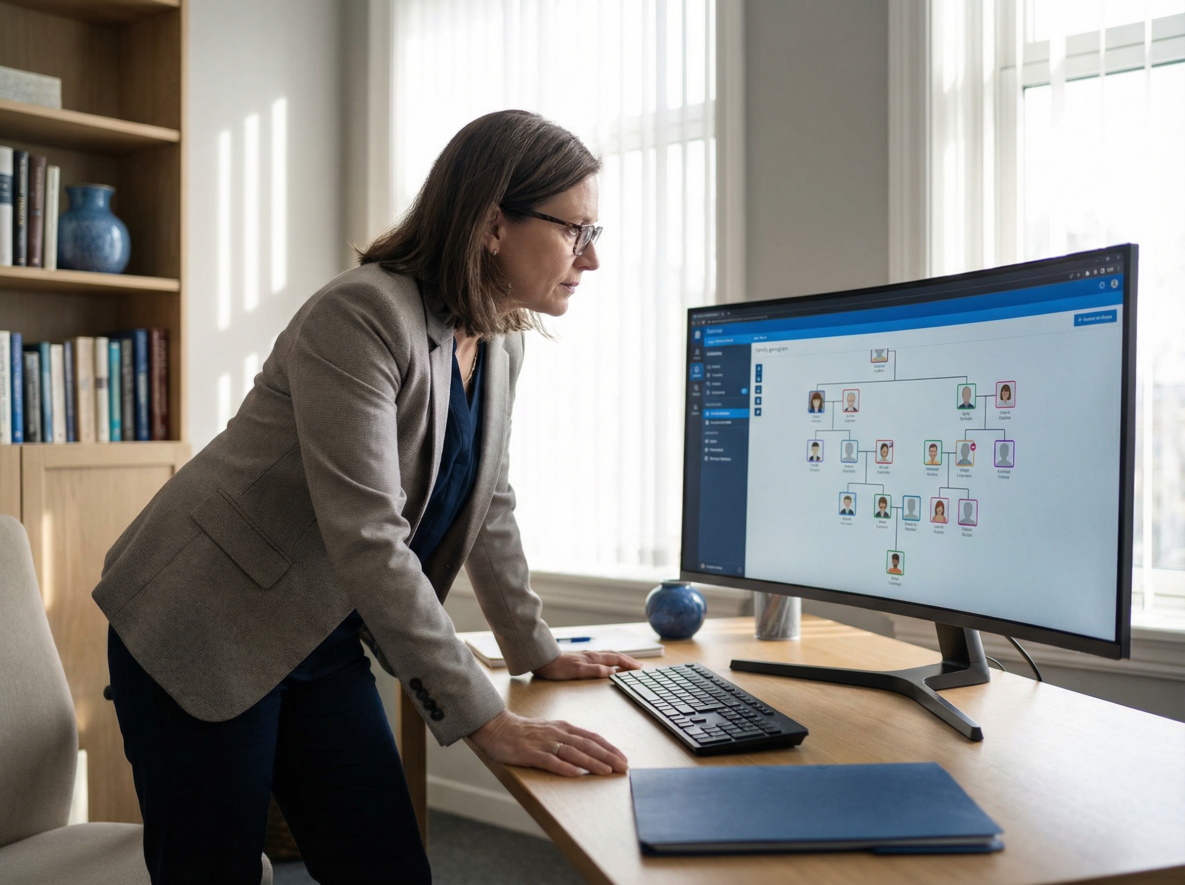 Clinician reviewing a multi-generational family chart on a modern display