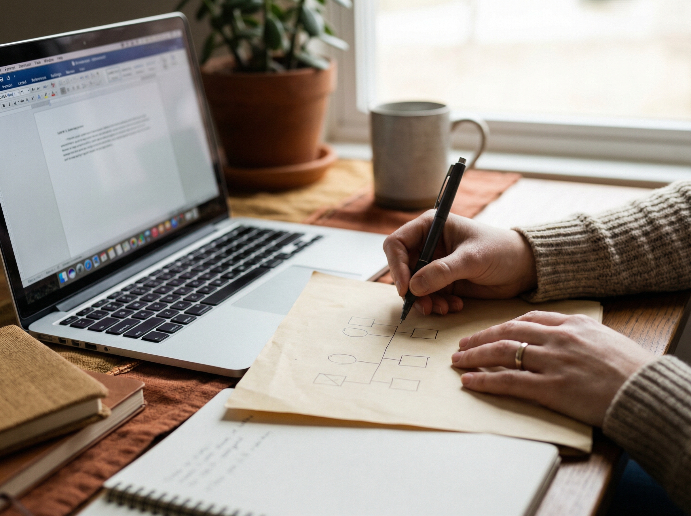 Social worker sketching a family relationship diagram alongside a laptop