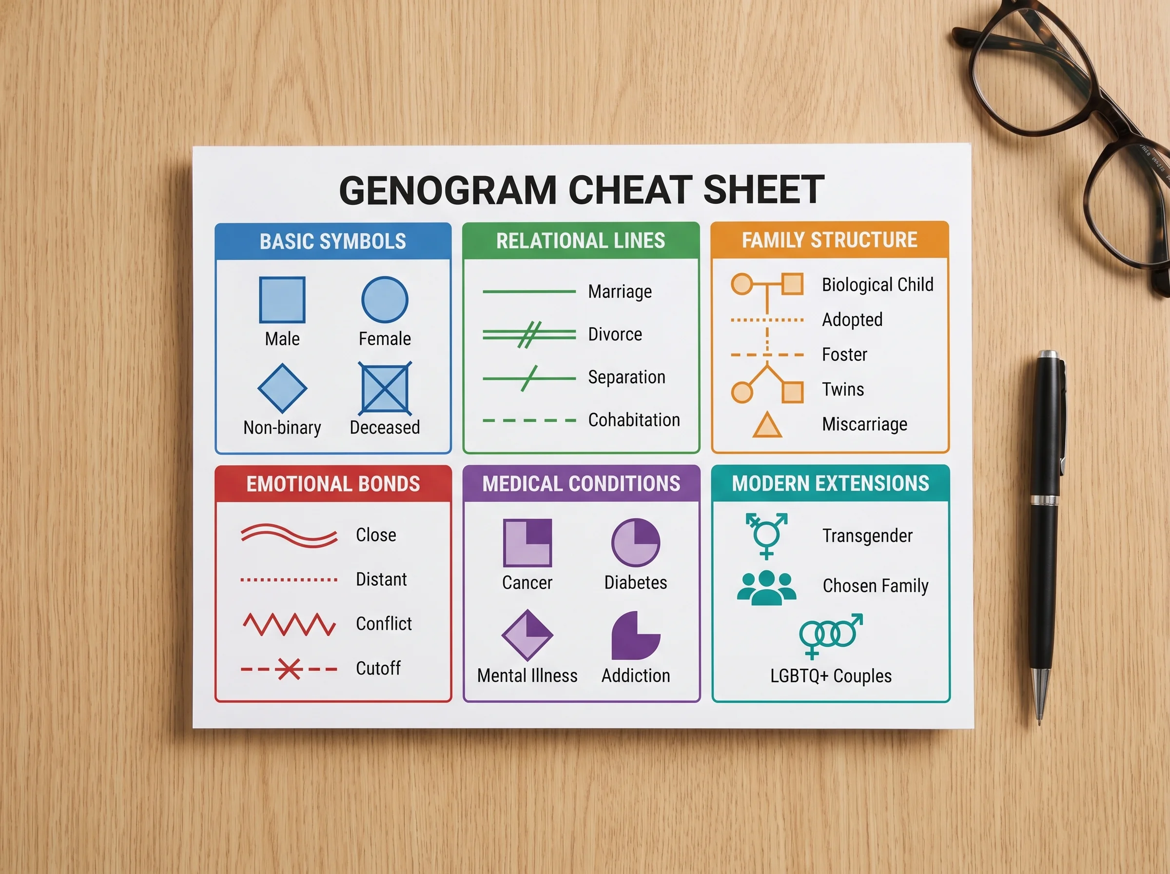 Genogram symbols cheat sheet poster organized into six colored categories: basic, relational, family structure, emotional bonds, medical conditions, and modern LGBTQ+ extensions