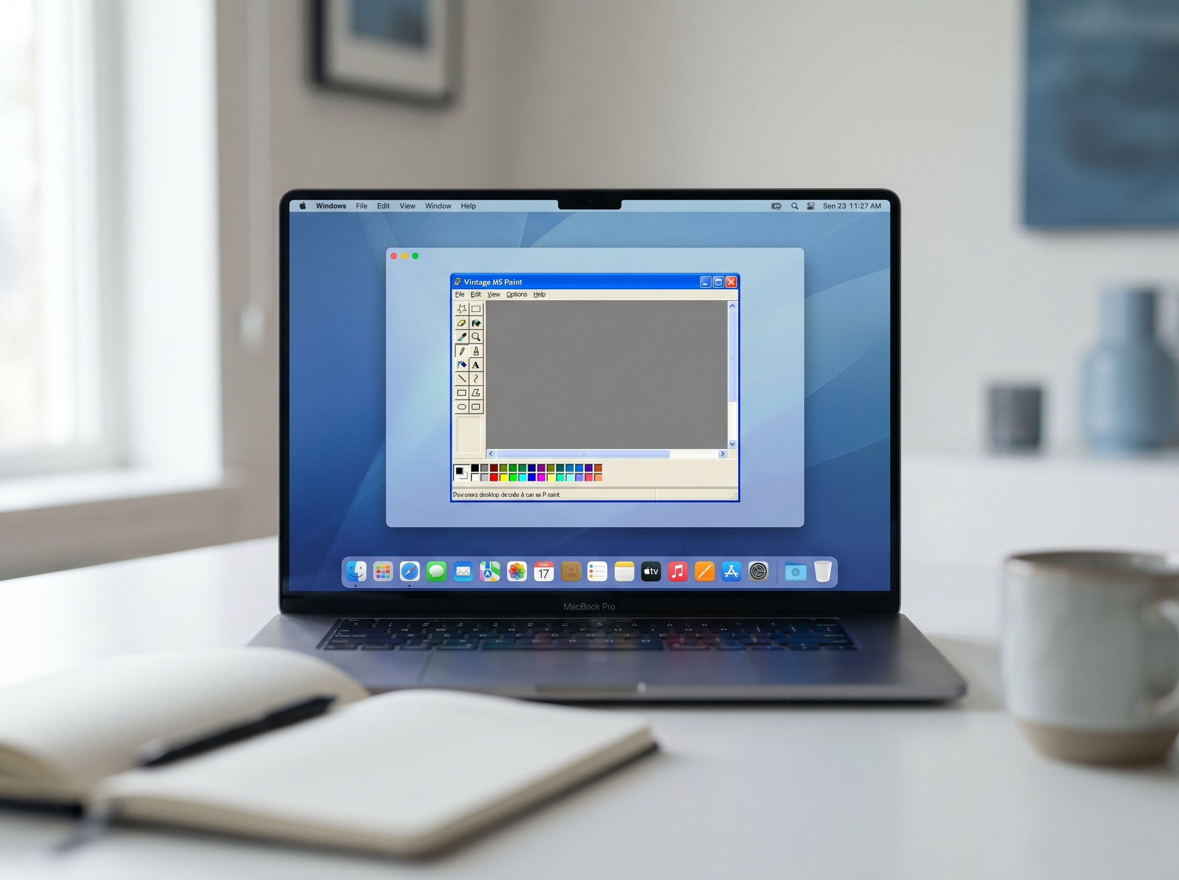 Side-by-side comparison of three Mac emulation methods running GenoPro, with annotations marking CrossOver, Parallels Desktop, and WINE configurations on an Apple Silicon MacBook