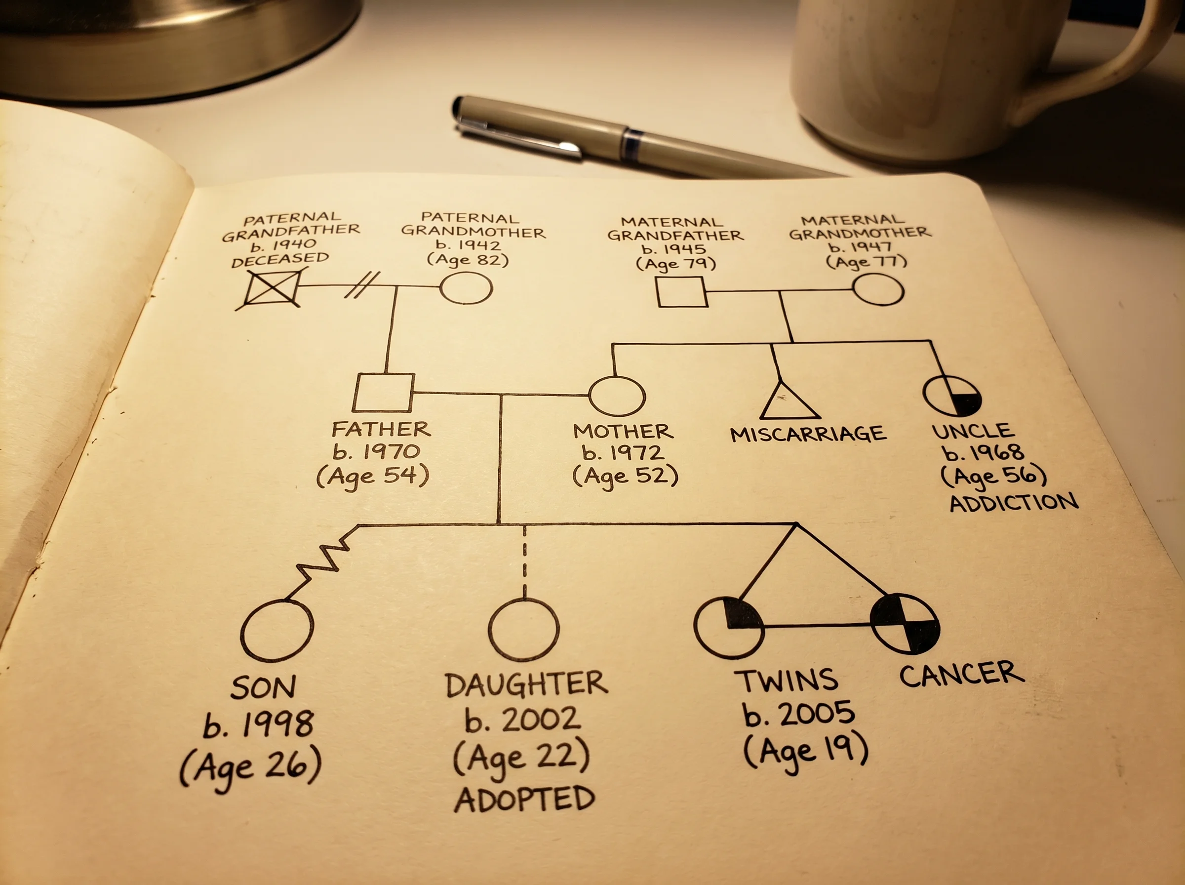 Three-generation hand-drawn genogram example using genogram symbols for deceased, divorce, miscarriage, addiction, adoption, twins, and conflict